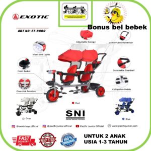Sepeda Anak RODA TIGA exotic 8809 sepeda stroller fitur 2 bangku / MUSIK / kursi 2 arah / tongkat setir / kanopy Bonus bel bebek
