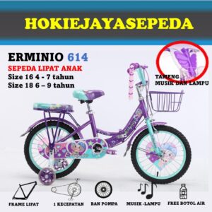 [NEW] Sepeda LIPAT Mini Anak 18" ERMINIO 614 dengan TAMENG music dan lampu  (untuk anak perempuan 5-8 tahun) bonus botol air
