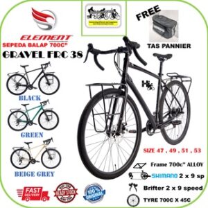 Sepeda Balap GRAVEL ELEMENT FRC 38  Road bike all terrain Spec Frame alloy , 2 x 9 speed , disc brake BONUS Tas Pannier